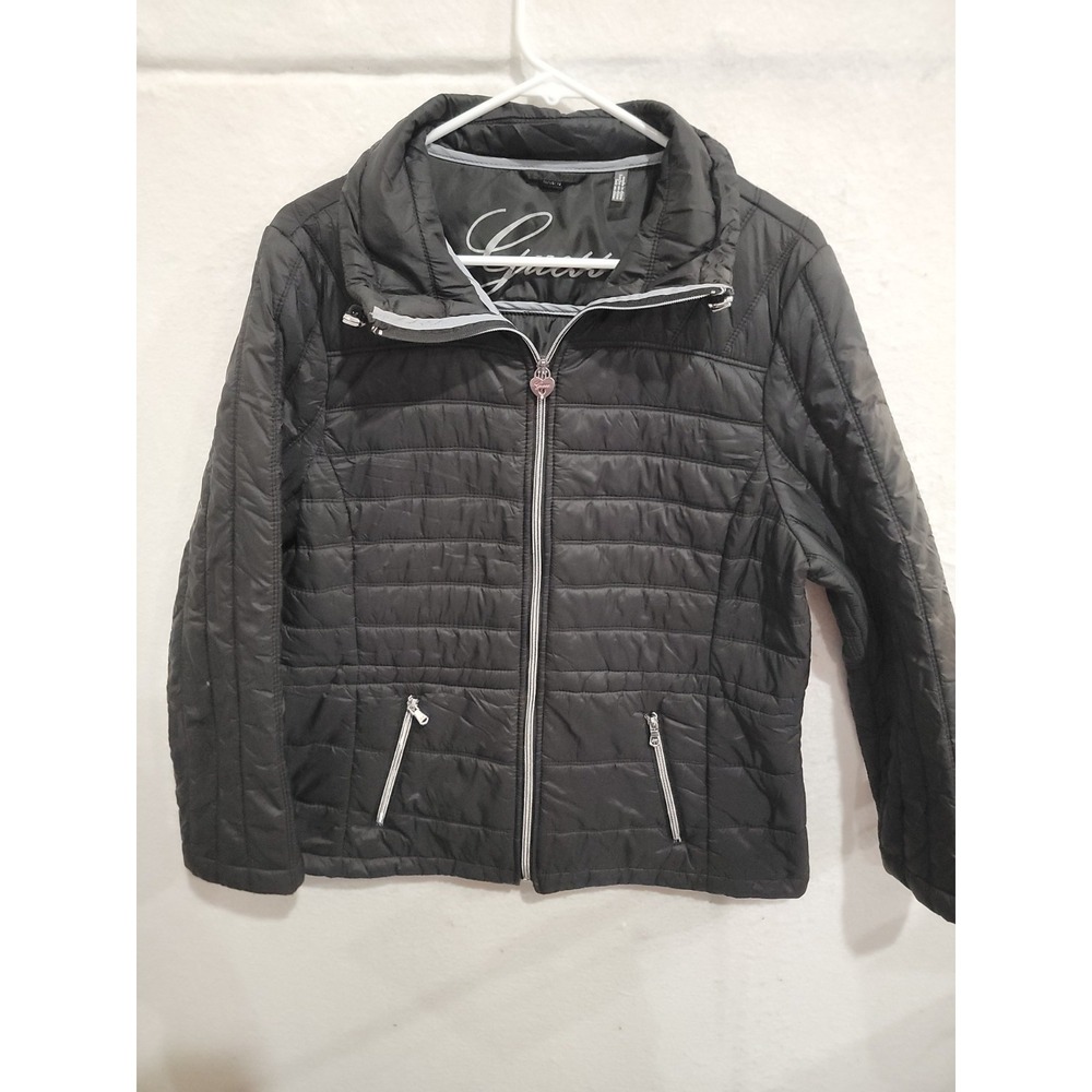 Guess Black Quilted Puffer Jacket Womens XL Lightweight Full Zip Silver Hardware